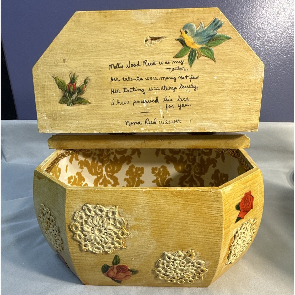 Vintage Hand Painted Octagonal Wood Box Decoupage Lace Rose Folk Art Heirloom
